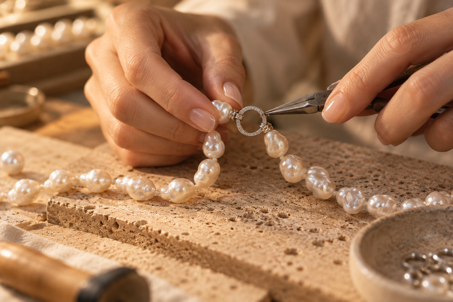 Luce's hands stringing a pearl necklace in the workshop